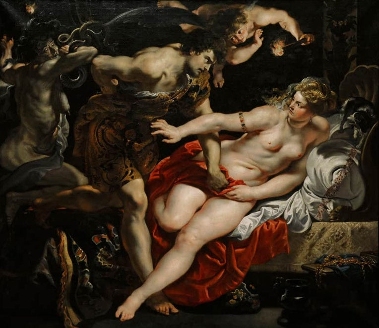 Peter Paul Rubens Tarquinius und Lucretia Kunstkopie, Krieger dringt zur Frau auf rotem Tuch vor, Putto mit Fackel