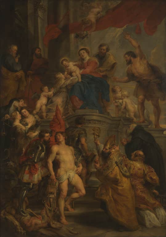 Peter Paul Rubens Thronende Madonna von Heiligen verehrt Kunstkopie, Maria mit Kind, Heilige und Bischöfe auf einer Treppe