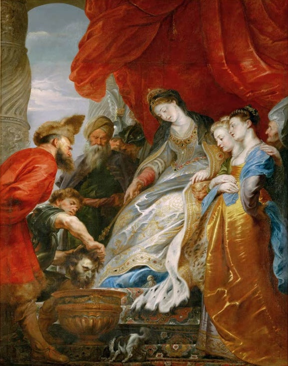 Peter Paul Rubens Tomyris und Kyros Kunstkopie, Königin unter rotem Vorhang, Krieger senkt einen Kopf in ein Becken