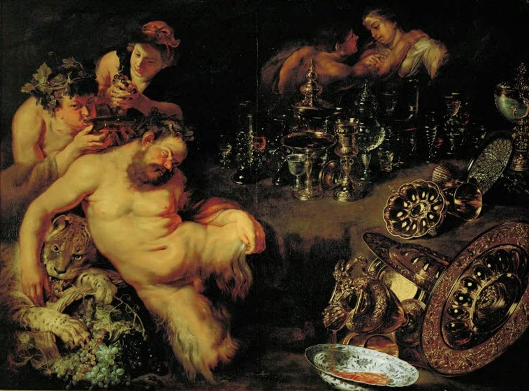 Peter Paul Rubens Trunkener, schlafender Satyr Kunstkopie, Satyr mit Leopard, trinkende Gefährten und Prunkgefäße