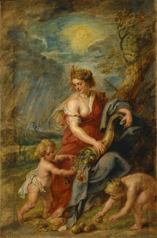 Peter Paul Rubens Überfluss (Abundantia) Kunstkopie, Frau mit Füllhorn und zwei Kindern unter einer Sonne mit Gesicht