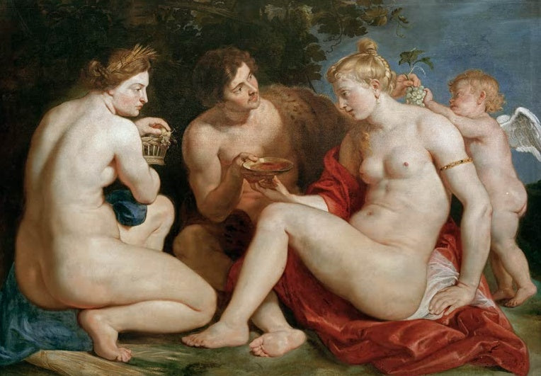 Peter Paul Rubens Venus, Amor, Bacchus und Ceres Kunstkopie, vier Gestalten mit Schale, Traube und Fruchtkorb im Halbdunkel