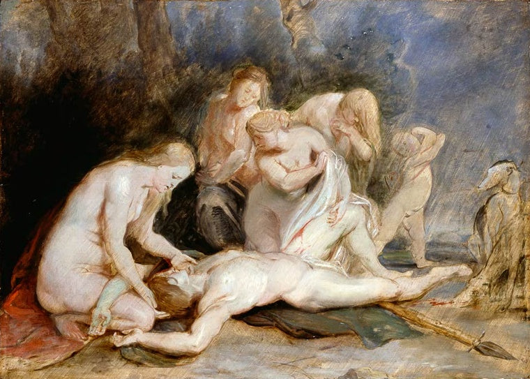 Peter Paul Rubens Venus betrauert Adonis Kunstkopie, Frauen und Amor beklagen den toten Adonis unter Bäumen