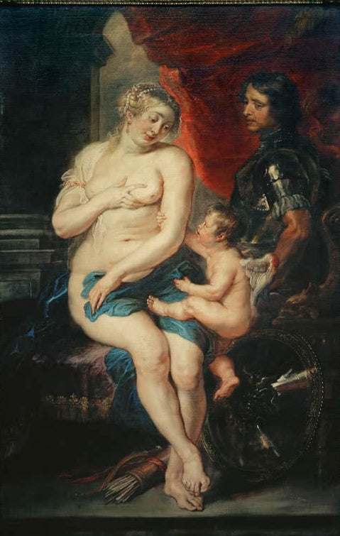 Peter Paul Rubens Venus, Mars und Amor Kunstkopie, sitzende Venus, Amor auf ihrem Knie und Mars in Rüstung vor rotem Vorhang
