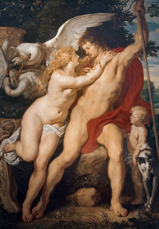 Peter Paul Rubens Venus und Adonis Kunstkopie, Göttin hält den Jäger zurück, daneben Schwäne, Amor und ein Jagdhund