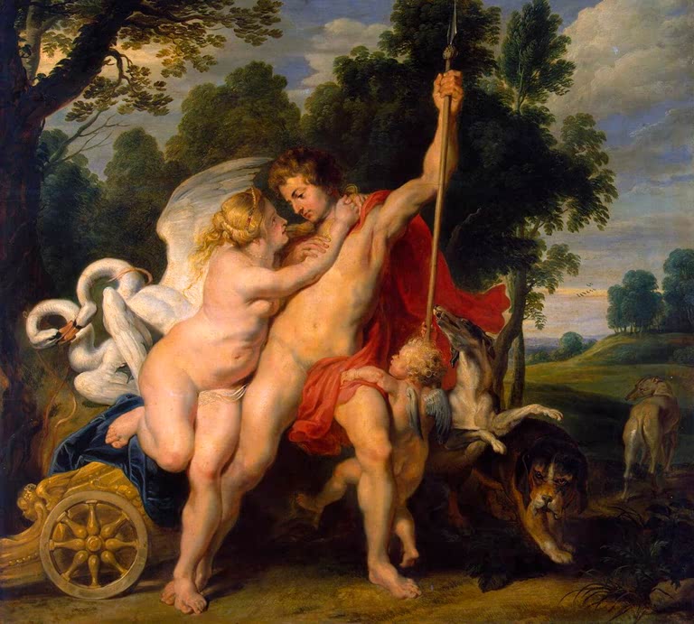 Peter Paul Rubens Venus und Adonis Kunstkopie, Venus hält Adonis zurück, Amor, Schwäne und Jagdhunde in Landschaft