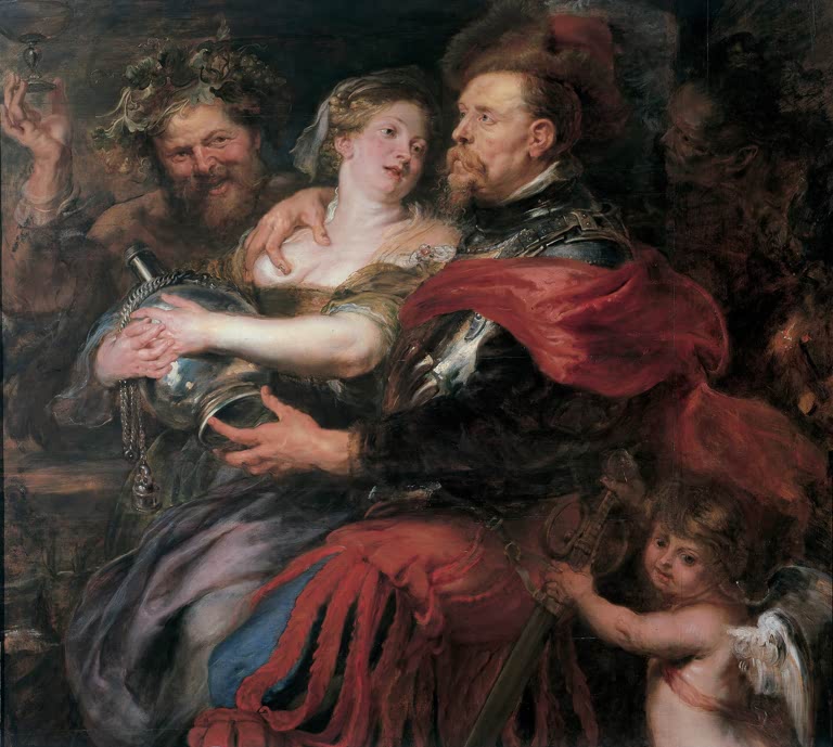 Peter Paul Rubens Venus und Mars Kunstkopie, Göttin im Arm eines Feldherrn in Rüstung mit rotem Umhang, Satyr und Amor