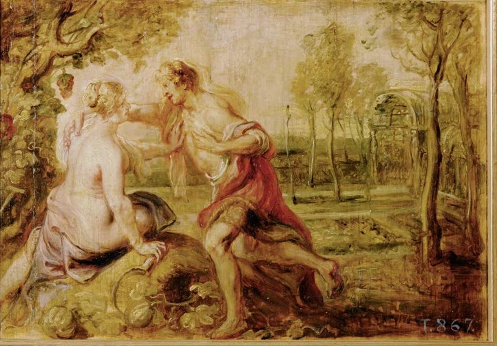 Peter Paul Rubens Vertumnus und Pomona Kunstkopie, junger Mann in rotem Tuch nähert sich einer sitzenden Frau im Garten