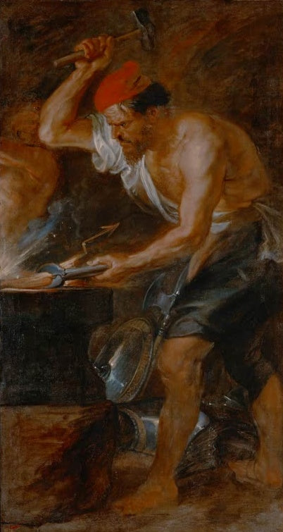 Peter Paul Rubens Vulkan schmiedet den Blitz Jupiters Kunstkopie, muskulöser Schmied mit roter Mütze am Amboss