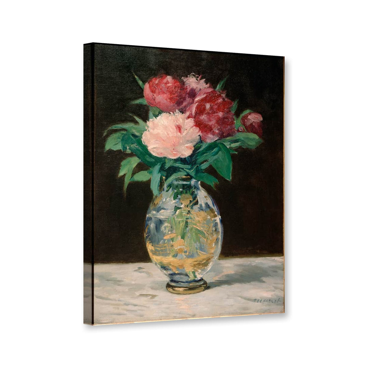 Pfingstrosenstrauß von Édouard Manet als Leinwand – Perspektivansicht