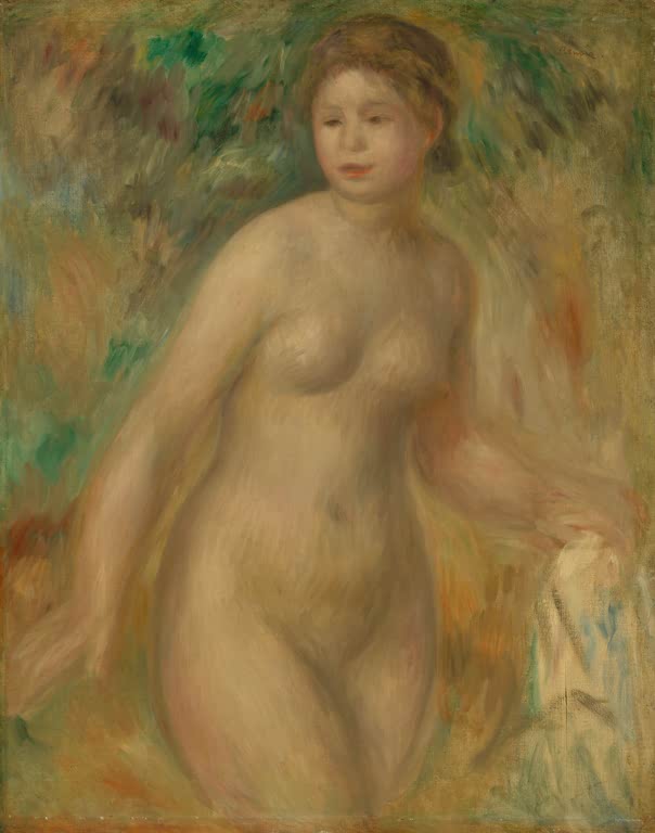 Stehender weiblicher Akt vor grün gelblichem Hintergrund – Pierre-Auguste Renoir Akt Kunstkopie