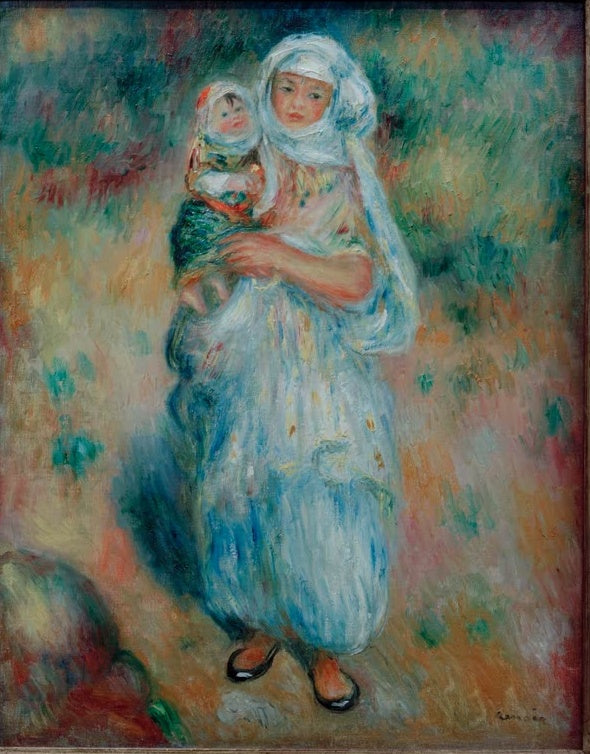 Frau in hellblauem Gewand trägt ein Kind im Arm – Pierre-Auguste Renoir Algerierin mit Kind Kunstkopie