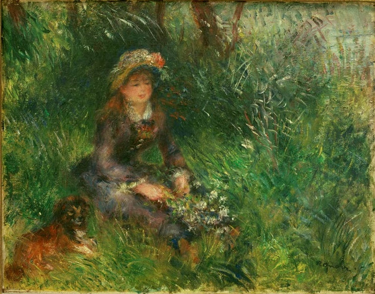 Frau mit Hut sitzt im hohen Gras mit Blumen, ein Hund neben ihr – Pierre-Auguste Renoir Aline Charigot au chien Kunstkopie