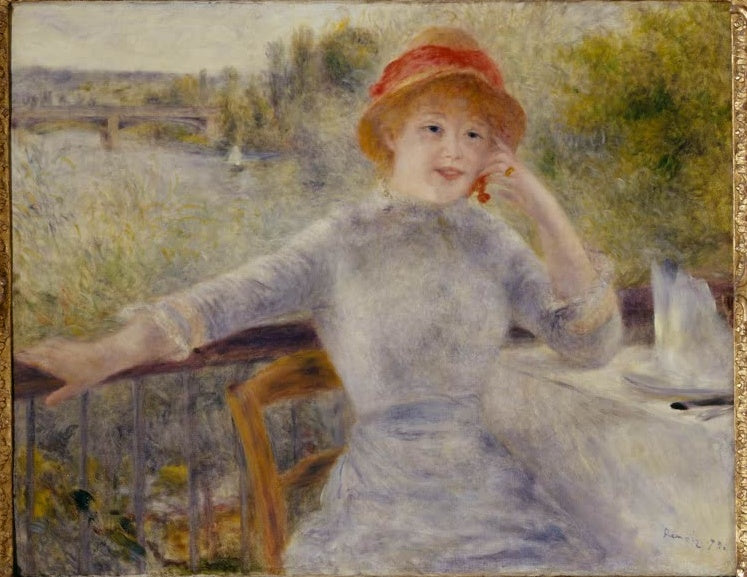 Frau mit rotem Hut stützt den Kopf am Tisch, Fluss im Hintergrund – Pierre-Auguste Renoir Alphonsine Fournaise Kunstkopie