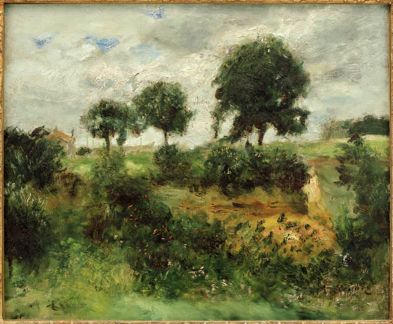 Hügelige Landschaft mit Baumgruppe unter bewölktem Himmel – Pierre-Auguste Renoir Après la tempête Kunstkopie