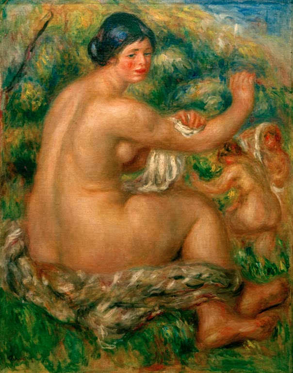 Nackte Frau mit Tuch sitzt im Grünen, im Hintergrund ein Kind – Pierre-Auguste Renoir Après le bain Kunstkopie