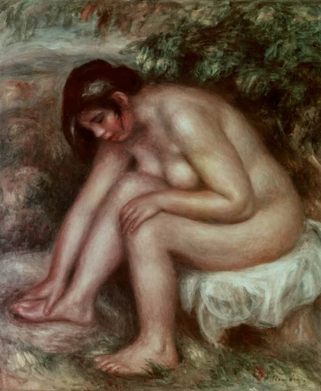 Sitzender weiblicher Akt trocknet sich nach dem Bad die Füße – Pierre-Auguste Renoir Après le bain Kunstkopie