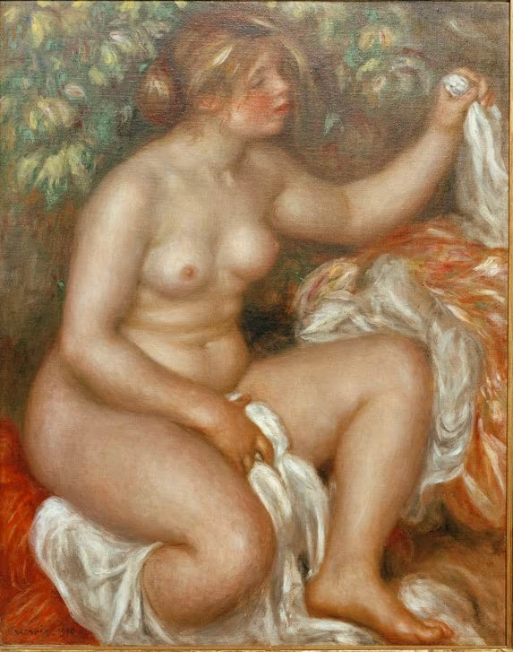 Sitzende nackte Frau mit weißem Tuch vor Laubwerk – Pierre-Auguste Renoir Après le bain Kunstkopie