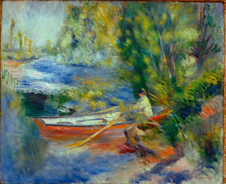 Ruderboot mit Mann am bewachsenen Flussufer – Pierre-Auguste Renoir Au bord Kunstkopie