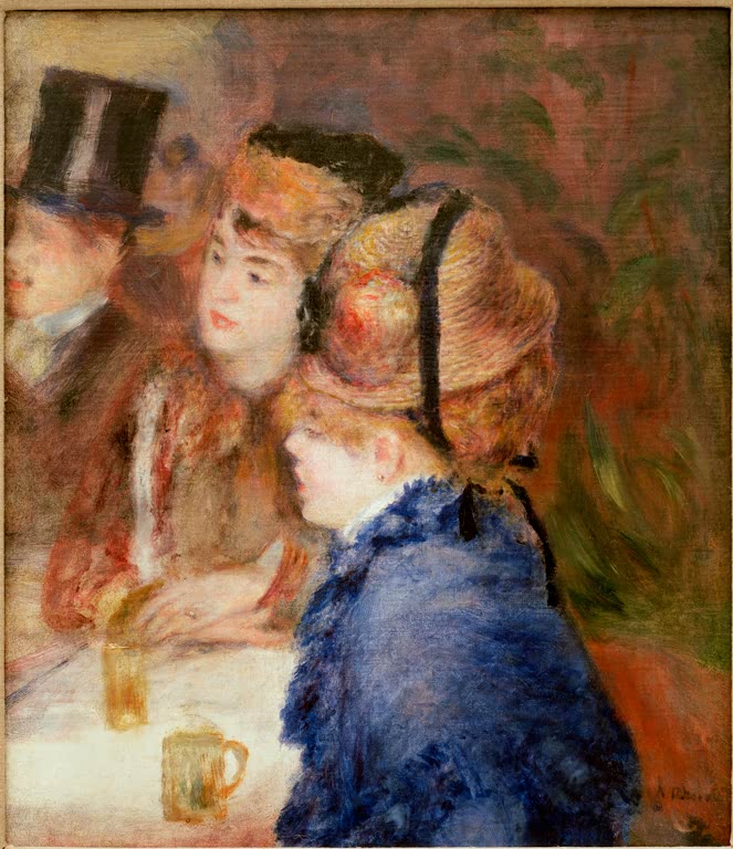Zwei Frauen mit Strohhüten im Café, ein Herr mit Zylinder – Pierre-Auguste Renoir Au café. Les buveuses Kunstkopie