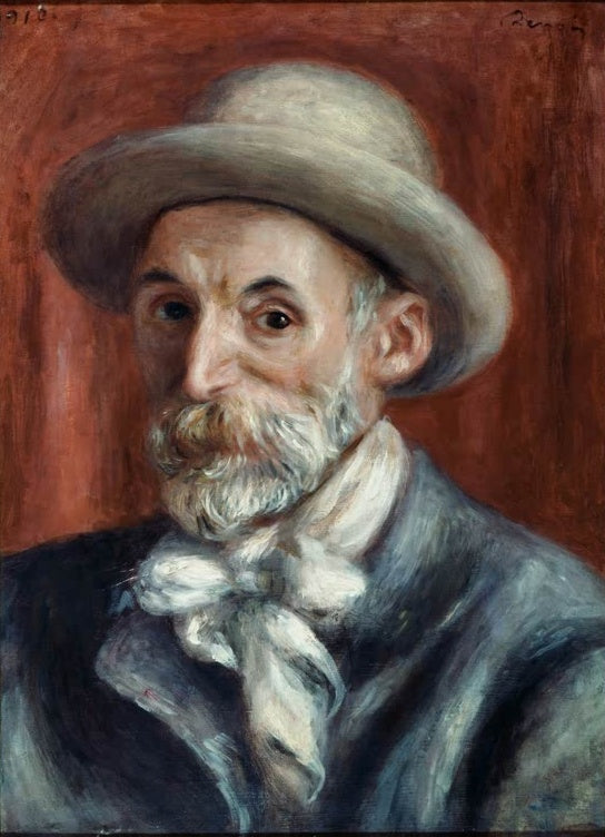 Mann mit grauem Hut und weißem Halstuch vor rotbraunem Grund – Pierre-Auguste Renoir Autoportrait Kunstkopie
