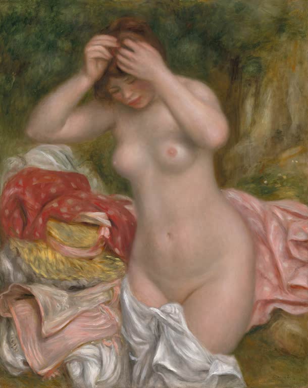 Weiblicher Akt ordnet ihr Haar, daneben Kleider und Hut – Pierre-Auguste Renoir Badende, die ihr Haar richtet Kunstkopie