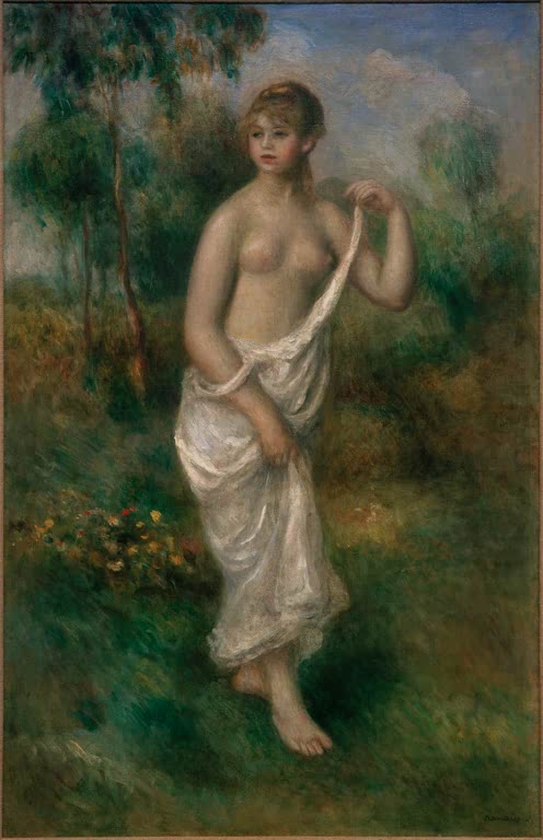 Badende im Freien hält ein weißes Tuch vor sich, Bäume im Hintergrund – Pierre-Auguste Renoir Badende Kunstkopie