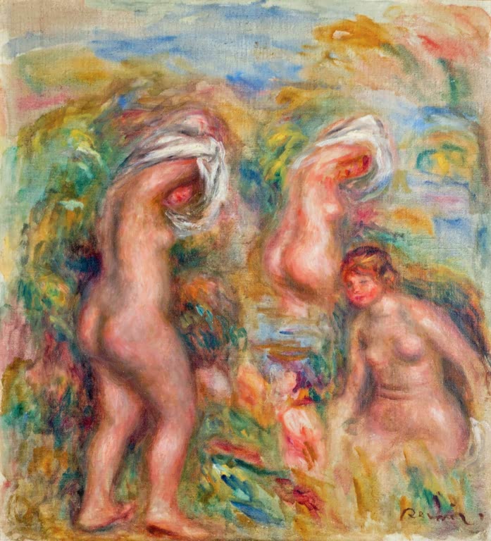 Badende Frauen in leuchtend bunter Landschaft – Pierre-Auguste Renoir Badende Kunstkopie