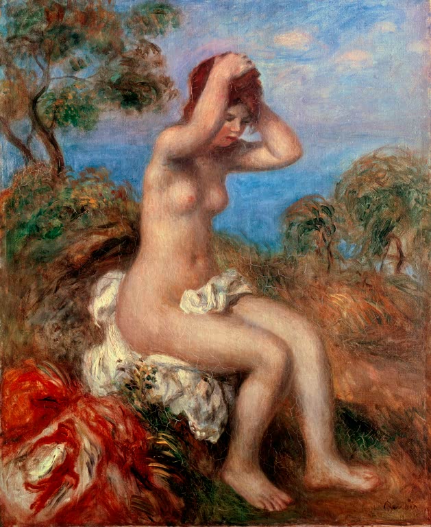 Nackte Badende am Meer, die Hände im roten Haar – Pierre-Auguste Renoir Badendes Mädchen Kunstkopie