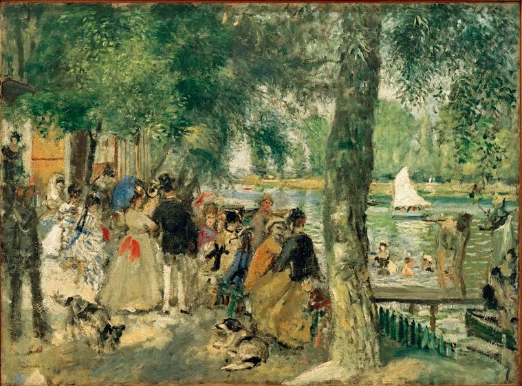 Badende, Spaziergänger und Segelboot am sonnigen Ufer – Pierre-Auguste Renoir Baignade dans la Seine Kunstkopie