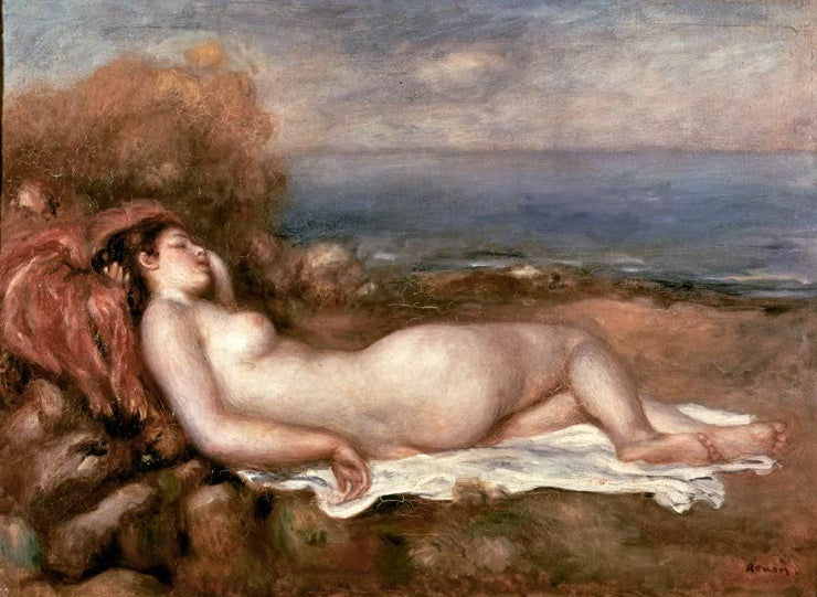 Liegender weiblicher Akt am Meer auf weißem Tuch – Pierre-Auguste Renoir Baigneuse couchee au bord de la mer Kunstkopie