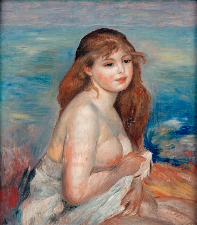 Halbnackte junge Frau mit langem rotem Haar vor dem Meer – Pierre-Auguste Renoir Baigneuse Kunstkopie