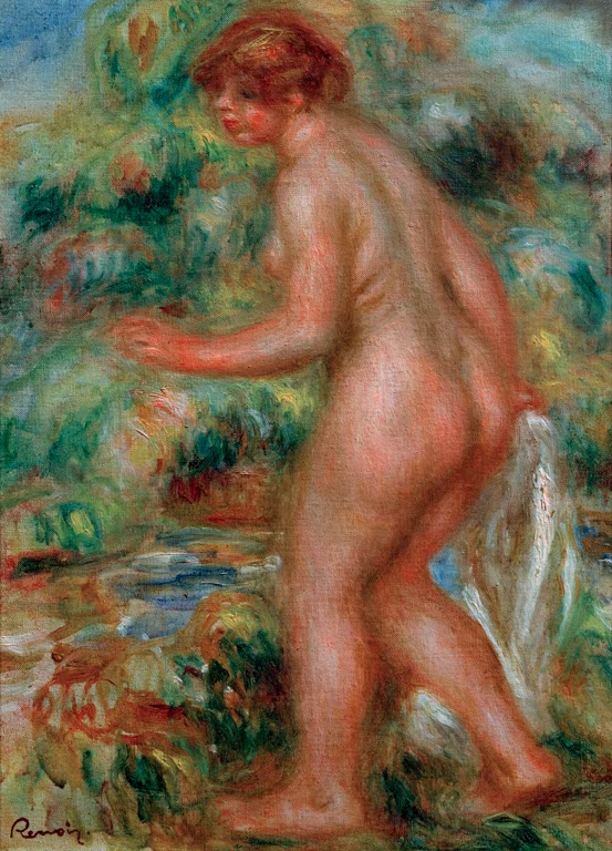 Stehender weiblicher Akt mit Tuch am Bachufer im Grünen – Pierre-Auguste Renoir Baigneuse Kunstkopie
