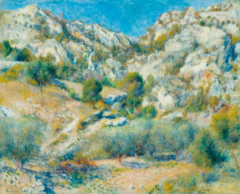 Helle Felsen und Olivenhaine unter blauem Himmel – Pierre-Auguste Renoir Berge am Estaque Kunstkopie