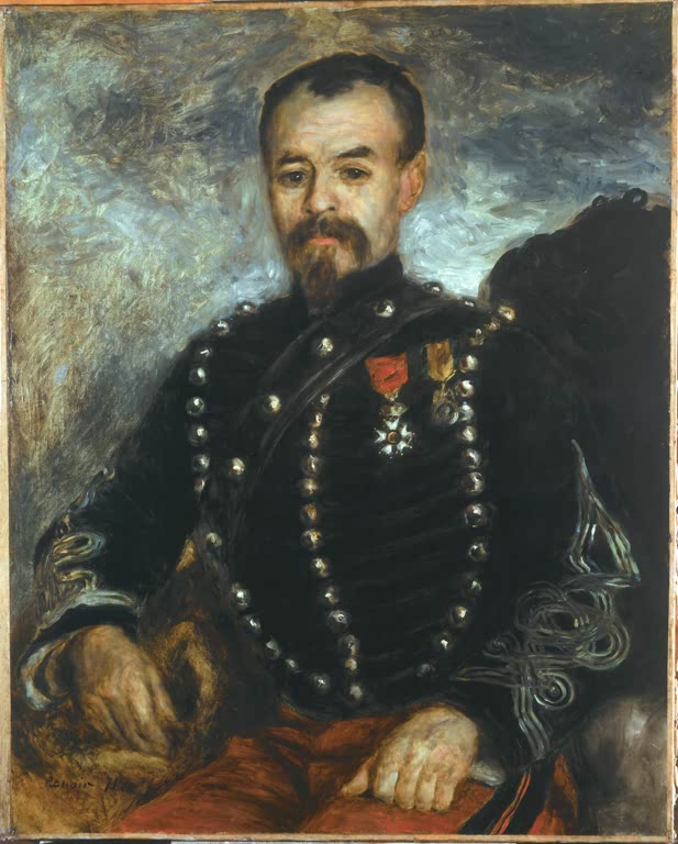 Offizier in dunkler Uniform mit Knöpfen und Orden – Pierre-Auguste Renoir Bildnis Capitaine Darras Kunstkopie