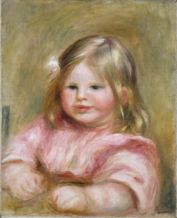 Kleines Kind mit blondem Haar in rosa Kleid, die Arme verschränkt – Pierre-Auguste Renoir Bildnis Cocos Kunstkopie