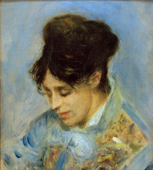 Pierre-Auguste Renoir Bildnis der Madame Monet mit gesenktem Blick Kunstkopie, Frau mit dunklem Haar blickt sanft nach unten