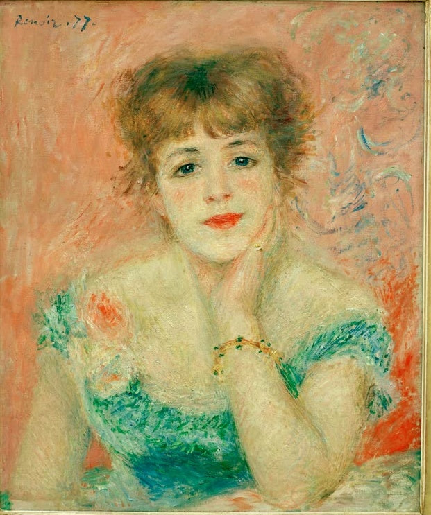 Junge Schauspielerin stützt das Kinn in die Hand – Pierre-Auguste Renoir Jeanne Samary Kunstkopie