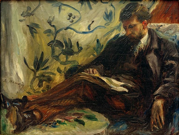 Mann im Anzug liest liegend auf einem Sofa – Pierre-Auguste Renoir Bildnis Edmond Maître auf dem Sofa Kunstkopie