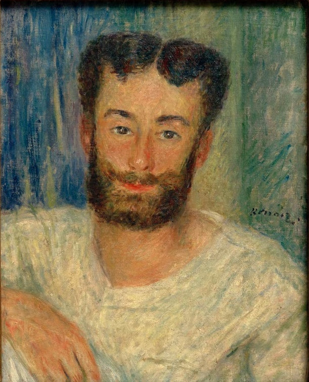 Junger Mann mit Bart und ausgeschnittener Weste vor blauem Grund – Pierre-Auguste Renoir Der Ruderer von Bougival Kunstkopie