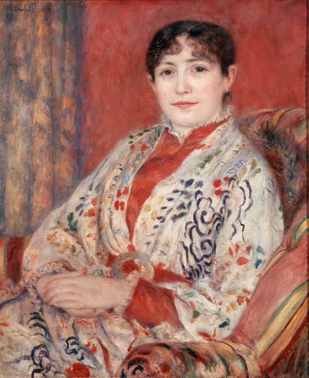 Frau im geblümten Morgenmantel im gestreiften Sessel – Pierre-Auguste Renoir Bildnis Madame Leriaux Kunstkopie