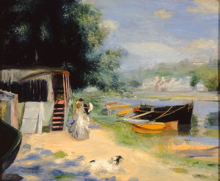 Flussufer mit Booten, Frau und Hund im Sonnenlicht – Pierre-Auguste Renoir Blick auf Bougival Kunstkopie