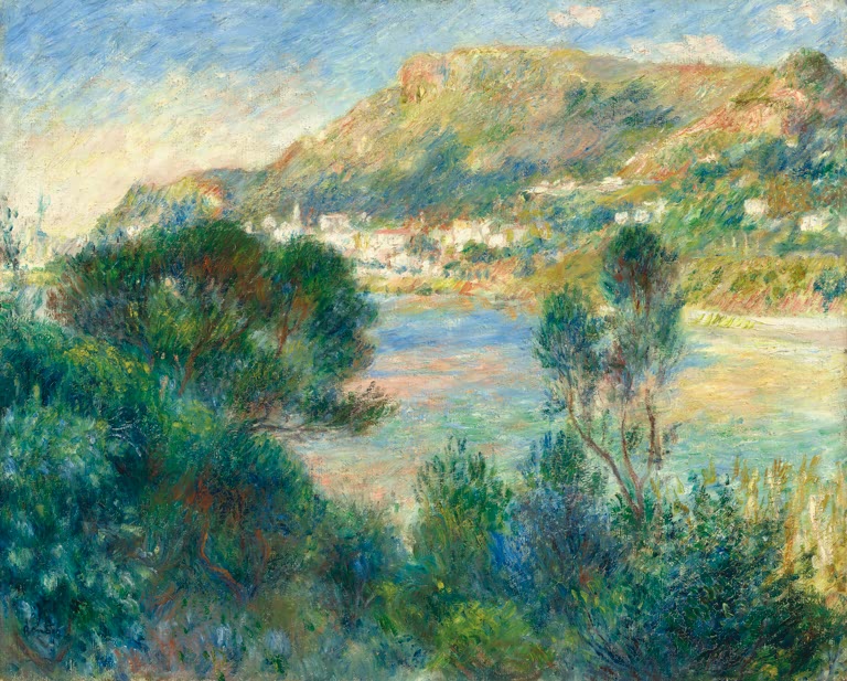 Bucht mit Bergrücken und Küstenstadt, durch Büsche gesehen – Pierre-Auguste Renoir Blick auf Monte Carlo Kunstkopie