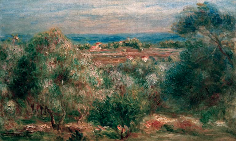 Grüne Bäume mit Blick auf Hügel und Meer – Pierre-Auguste Renoir Blick von Haut-Cagnes aufs Meer Kunstkopie
