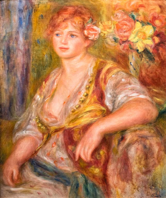 Blonde Frau mit Rose im Haar und gelb gemustertem Gewand – Pierre-Auguste Renoir Blonde mit Rose Kunstkopie