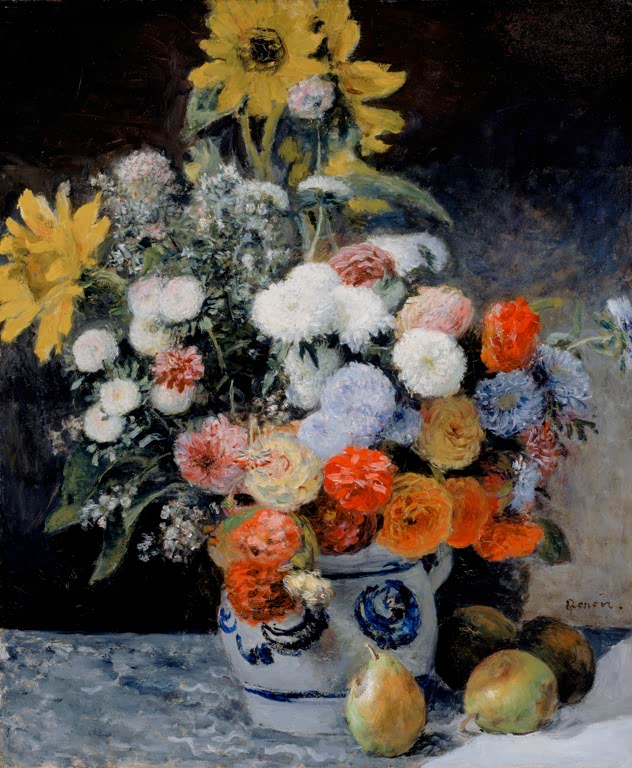 Bunte Blumen in blau gemustertem Krug, davor Birnen – Pierre-Auguste Renoir Blumenstrauß in einem Steinzeugkrug Kunstkopie