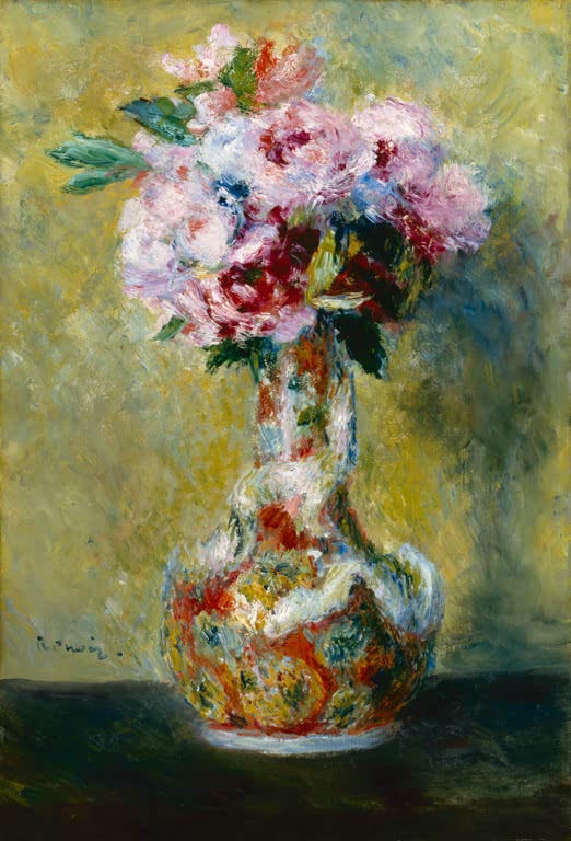 Rosa und rote Blüten in buntem Krug – Pierre-Auguste Renoir Blumenstrauß in einer Vase Kunstkopie