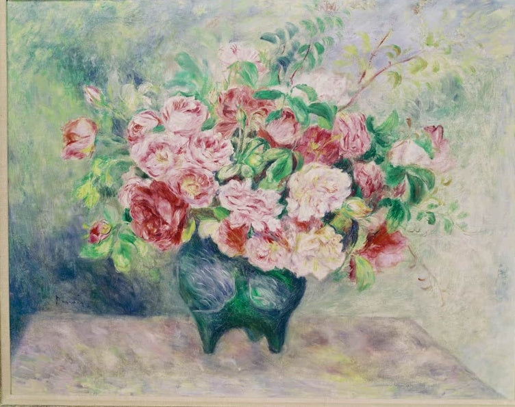 Rosa und rote Rosen in grüner Vase auf einem Tisch – Pierre-Auguste Renoir Blumenstrauß Kunstkopie