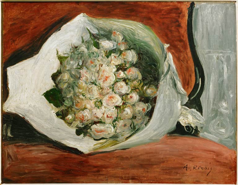 Rosenstrauß in Papier auf der roten Brüstung einer Loge – Pierre-Auguste Renoir Bouquet dans une loge Kunstkopie