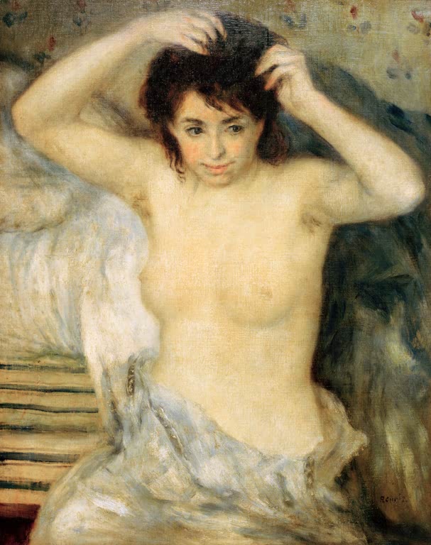 Halbakt einer Frau mit erhobenen Armen am Bett – Pierre-Auguste Renoir Buste de femme Kunstkopie